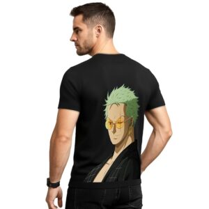 anime character graphic t shirt, black cotton, green hair design (white)